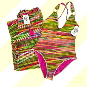Becca Striped One Piece Swimsuit with Matching Cover Up Multicolor Large